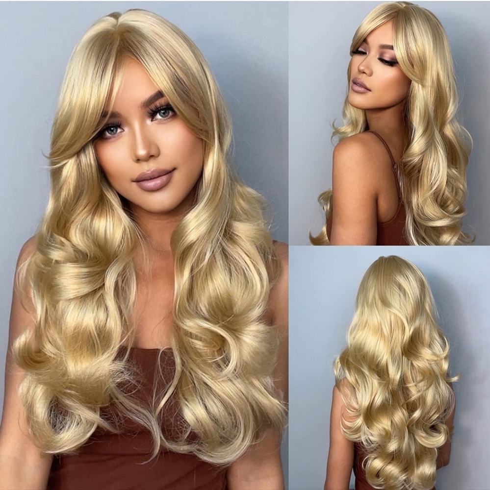 Long Curling Hair Wigs with Bangs Sexy Wavy Hair Wig with Hair Net Heat …